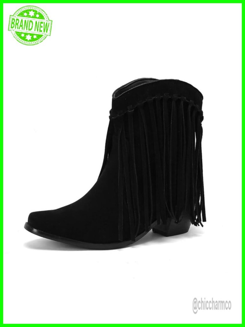 Faux Suede Fringe Ankle Cowboy Boots Pull On Western Booties Square Toe